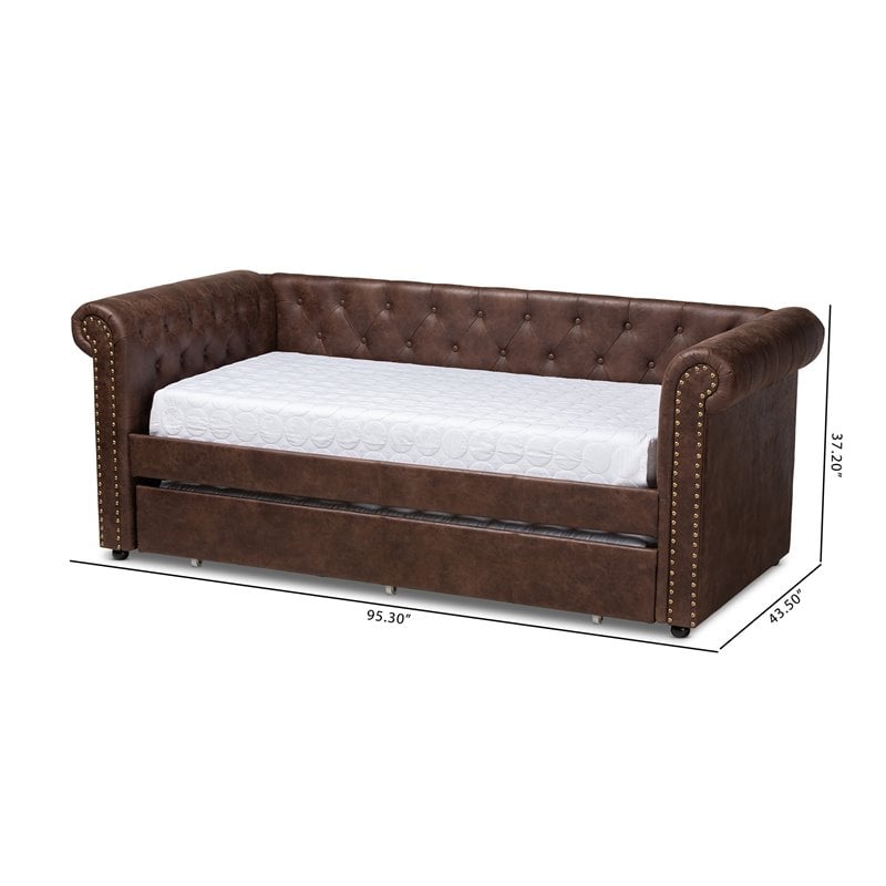Allora Mid-Century Faux Leather Twin Daybed with Trundle in Brown