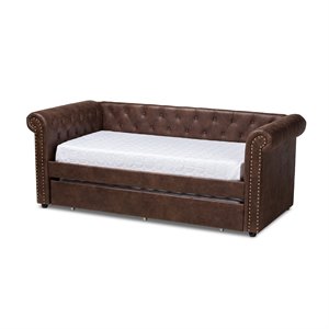 allora faux leather and wood twin daybed with trundle in brown
