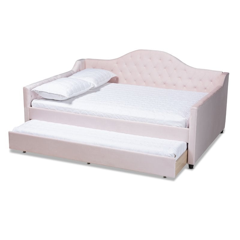 Allora Contemporary Velvet Upholstered Full Daybed with Trundle in Pink