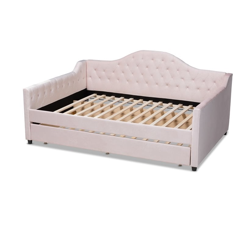 Allora Contemporary Velvet Upholstered Full Daybed with Trundle in Pink