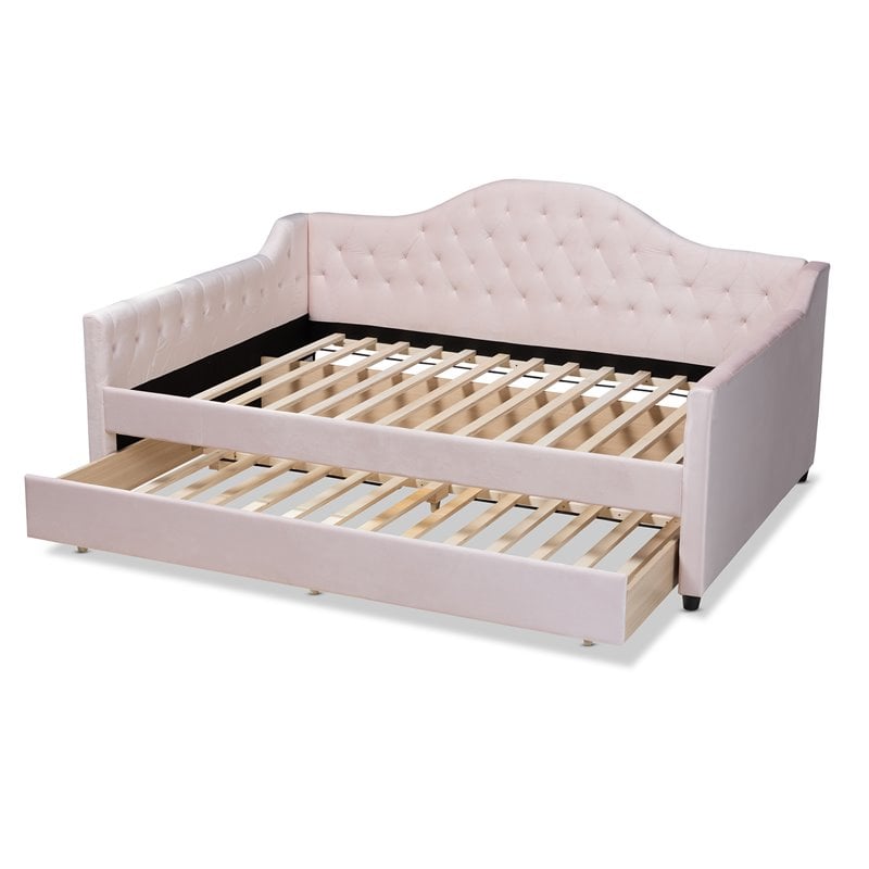Allora Contemporary Velvet Upholstered Full Daybed with Trundle in Pink