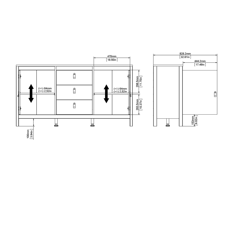 Allora Contemporary 2 Door Sideboard with 3 Drawers in Black Matte