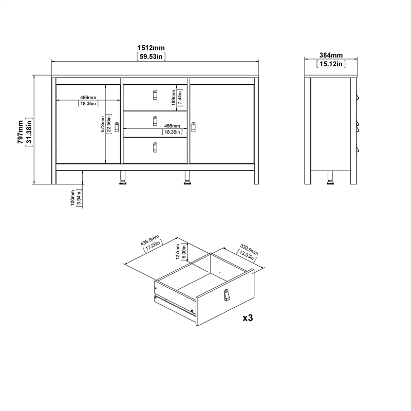 Allora Contemporary 2 Door Sideboard with 3 Drawers in Black Matte