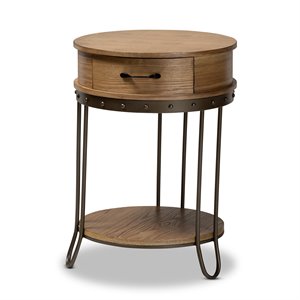 allora brown finished wood and black finished metal 1-drawer end table