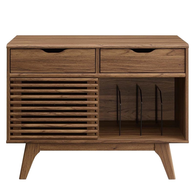 Allora Modern Wood Record Display Stand with Two Drawers in Walnut