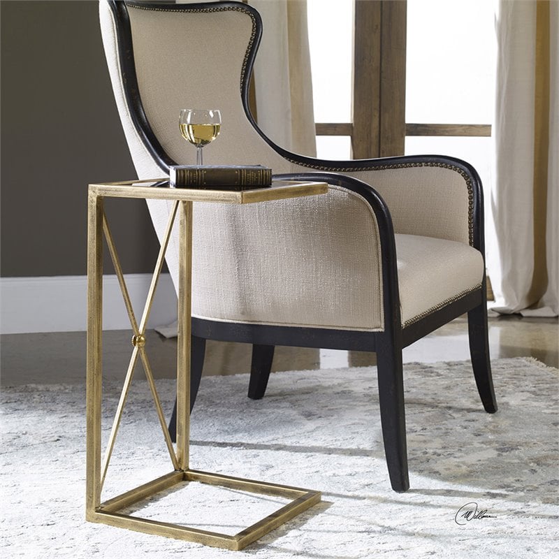 Allora Side Table in Antique Gold Iron with Black Tempered Glass Top.