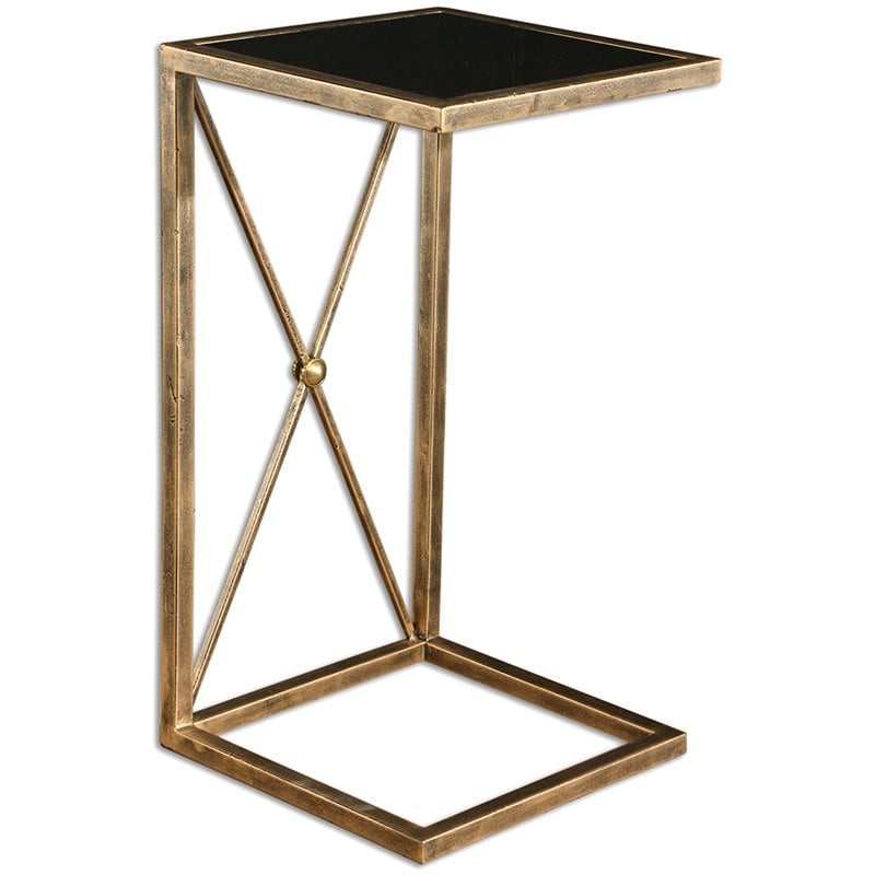 Allora Side Table in Antique Gold Iron with Black Tempered Glass Top.