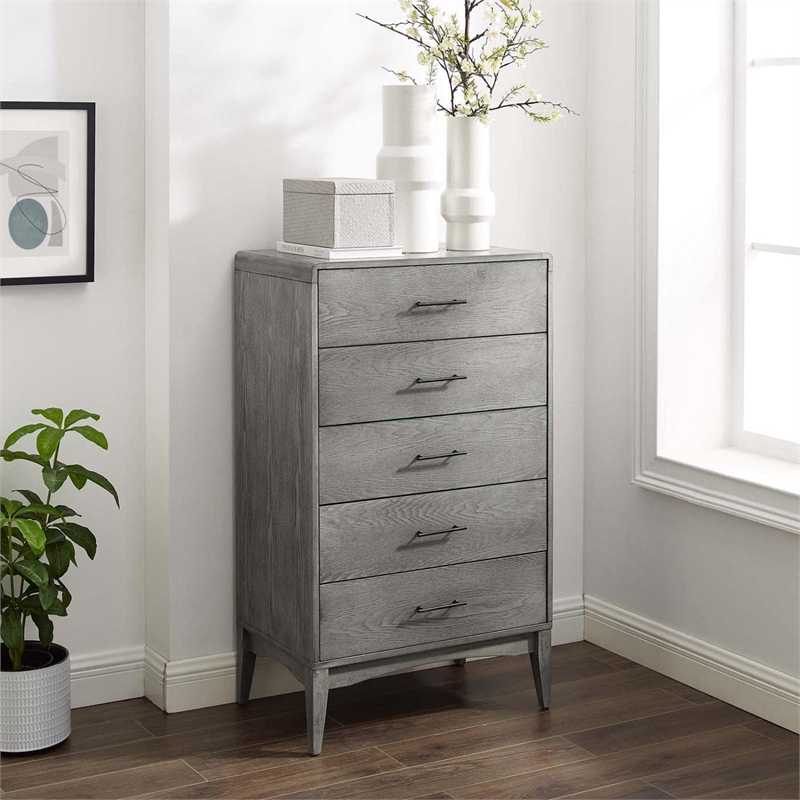 Allora Rubberwood and Wood Grain Veneer 5-Drawers Bedroom Chest in Gray
