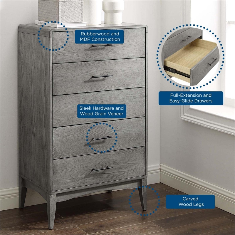 Allora Rubberwood and Wood Grain Veneer 5-Drawers Bedroom Chest in Gray