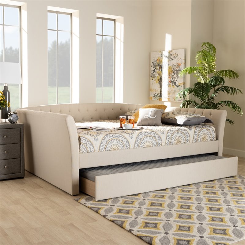 Allora Modern Fabric Upholstered Full Size Daybed with Trundle in Beige