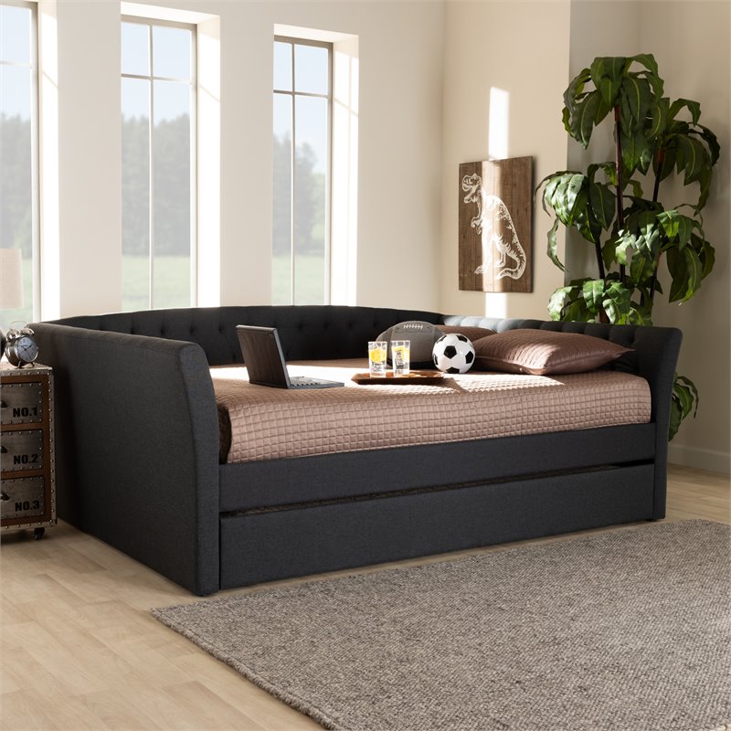 Allora Modern Fabric Upholstered Full Size Daybed with Trundle in Dark Gray