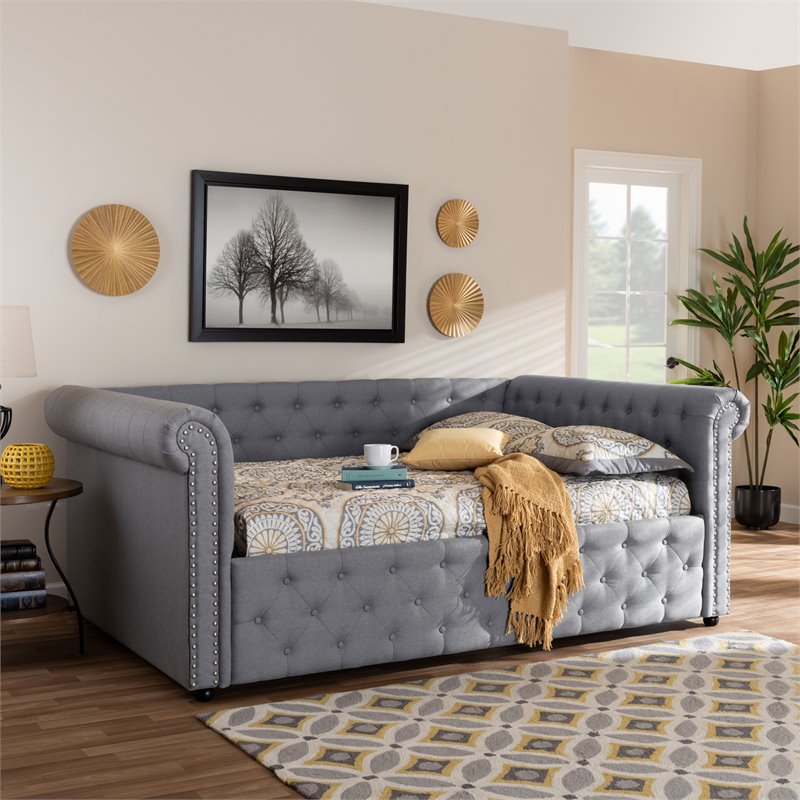 Allora Mid-Century Fabric/Solid Wood/MDF Wood Tufted and Queen Daybed in Gray