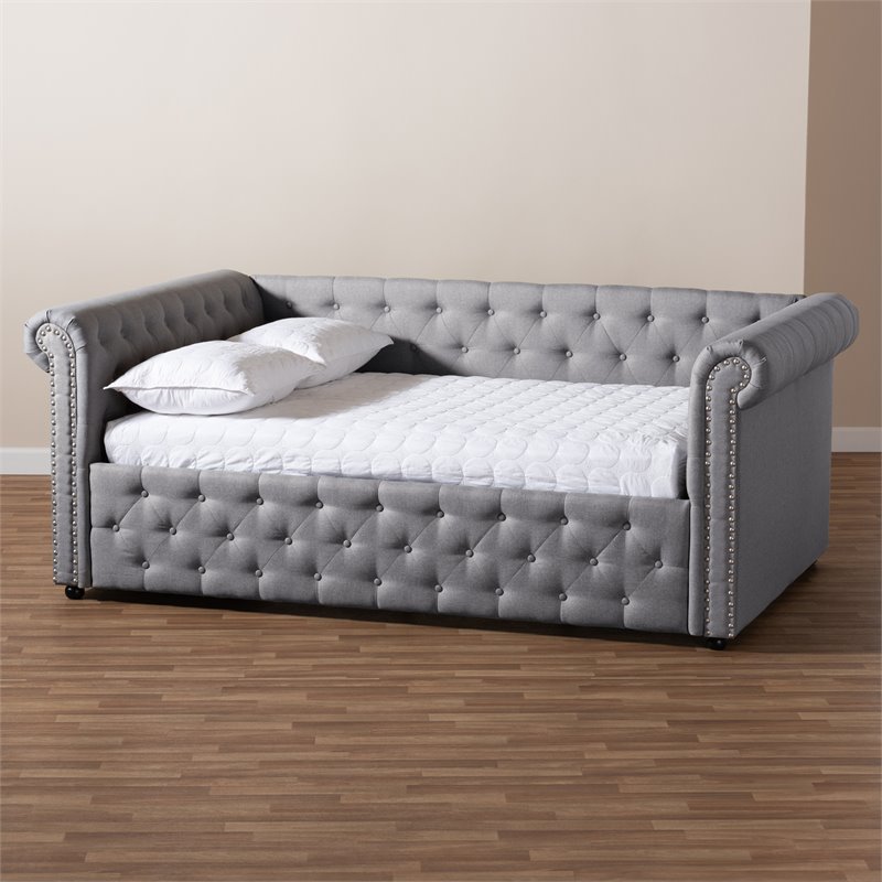 Allora Mid-Century Fabric/Solid Wood/MDF Wood Tufted and Queen Daybed in Gray