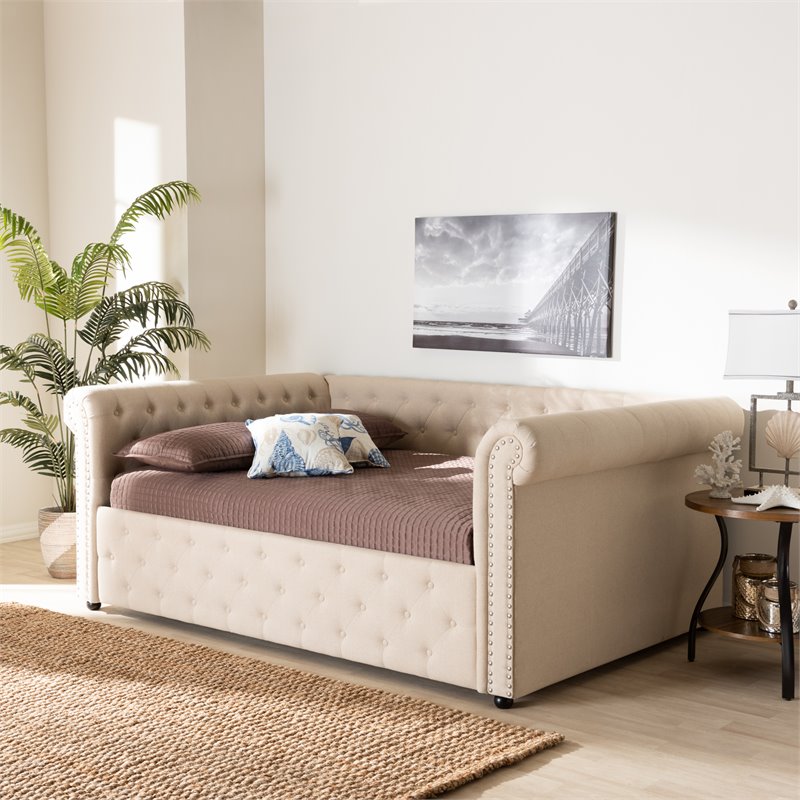 Allora Mid-Century Fabric/Solid Wood/MDF Wood Tufted and Queen Daybed in Beige