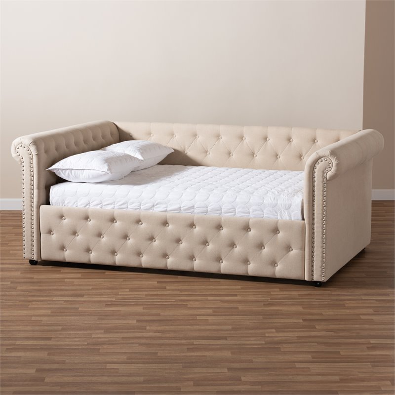 Allora Mid-Century Fabric/Solid Wood/MDF Wood Tufted and Queen Daybed in Beige