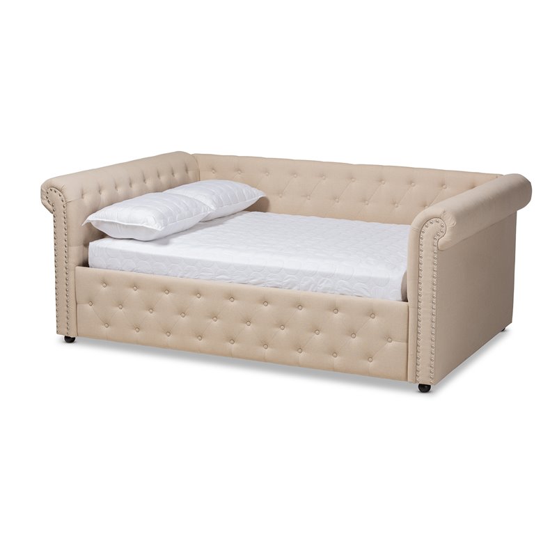 Allora Mid-Century Fabric/Solid Wood/MDF Wood Tufted and Queen Daybed in Beige