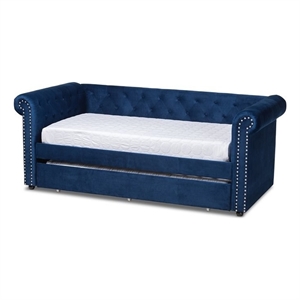 allora contemporary velvet and wood twin daybed with trundle in navy blue