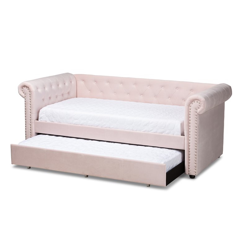 Allora Mid-Century Velvet/Solid Wood/MDF Wood Twin Daybed with Trundle in Pink