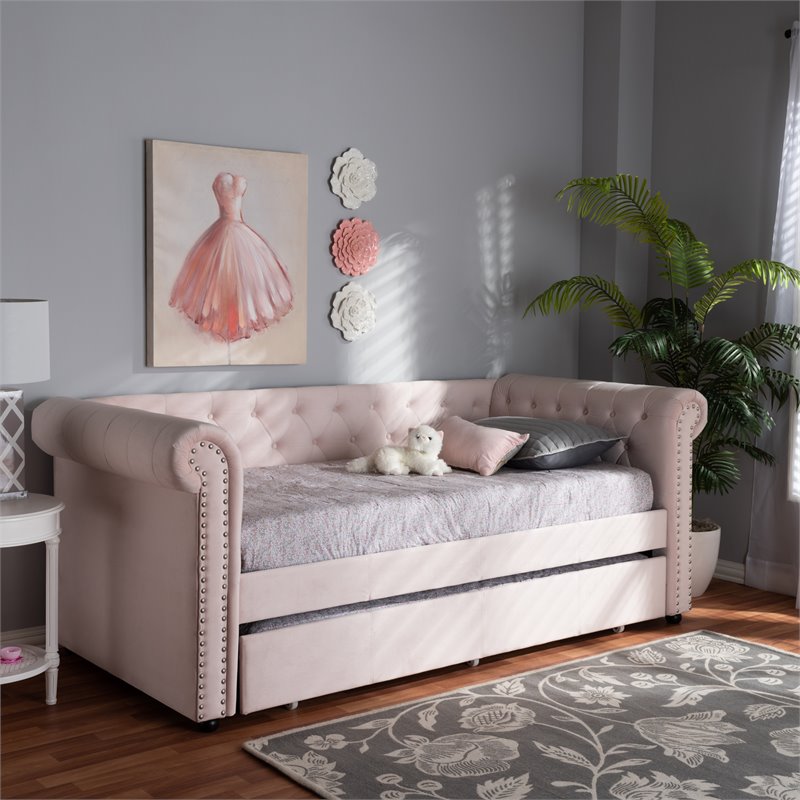 Allora Mid-Century Velvet/Solid Wood/MDF Wood Twin Daybed with Trundle in Pink