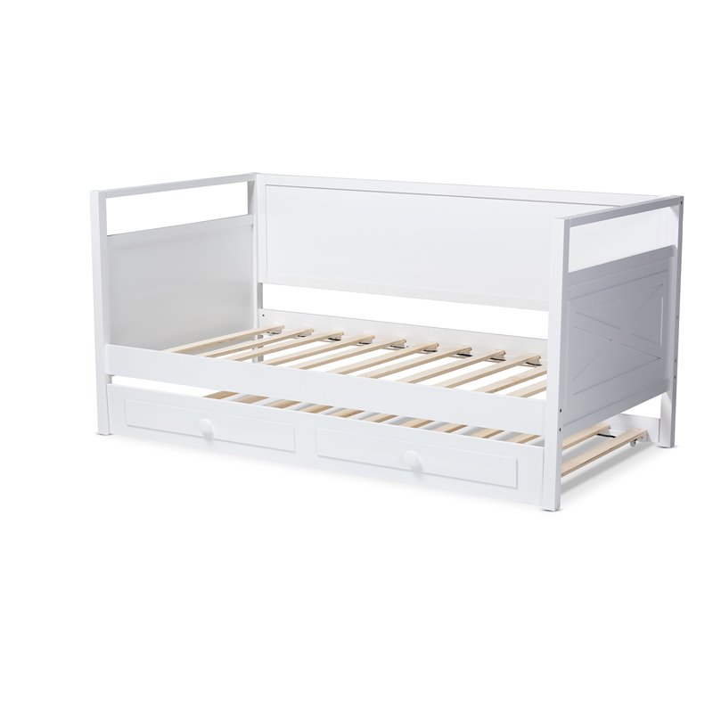 Allora Cottage Farmhouse White Wood Twin Size Daybed with Trundle