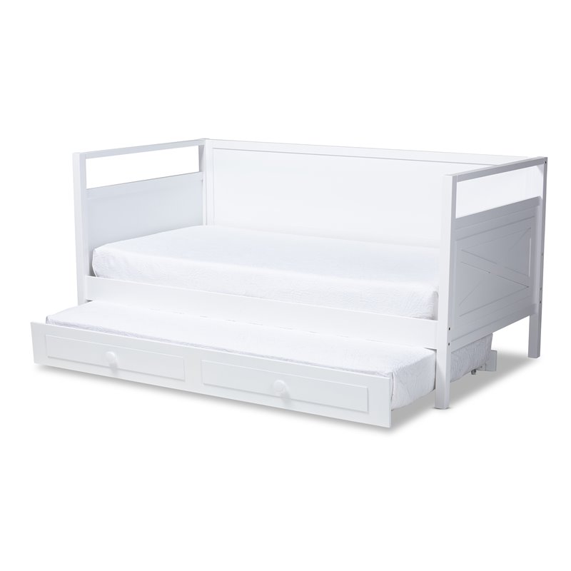 Allora Cottage Farmhouse White Wood Twin Size Daybed with Trundle
