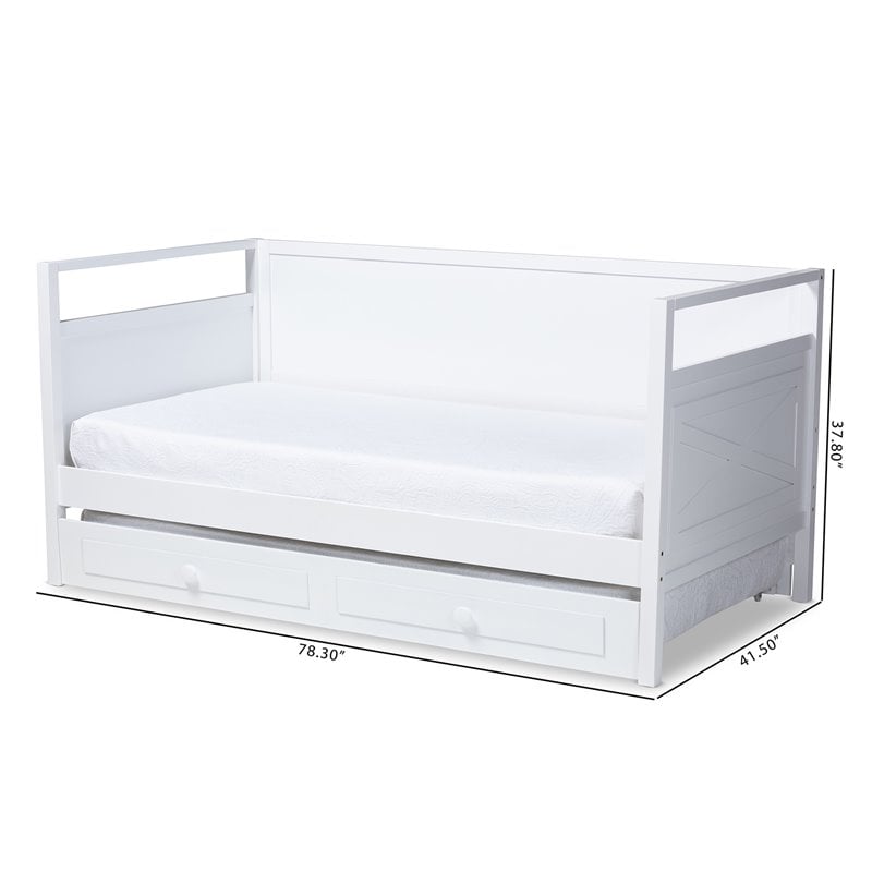 Allora Cottage Farmhouse White Wood Twin Size Daybed with Trundle