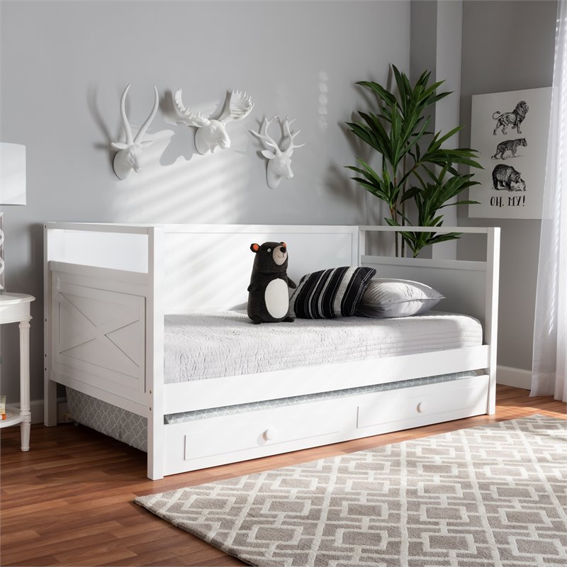 Allora Cottage Farmhouse White Wood Twin Size Daybed with Trundle