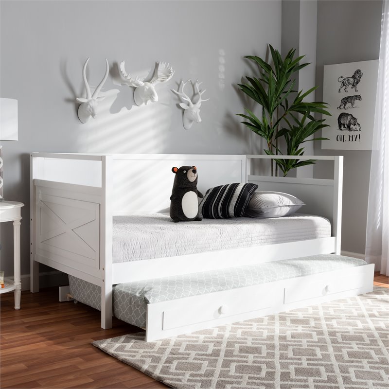 Allora Cottage Farmhouse White Wood Twin Size Daybed with Trundle