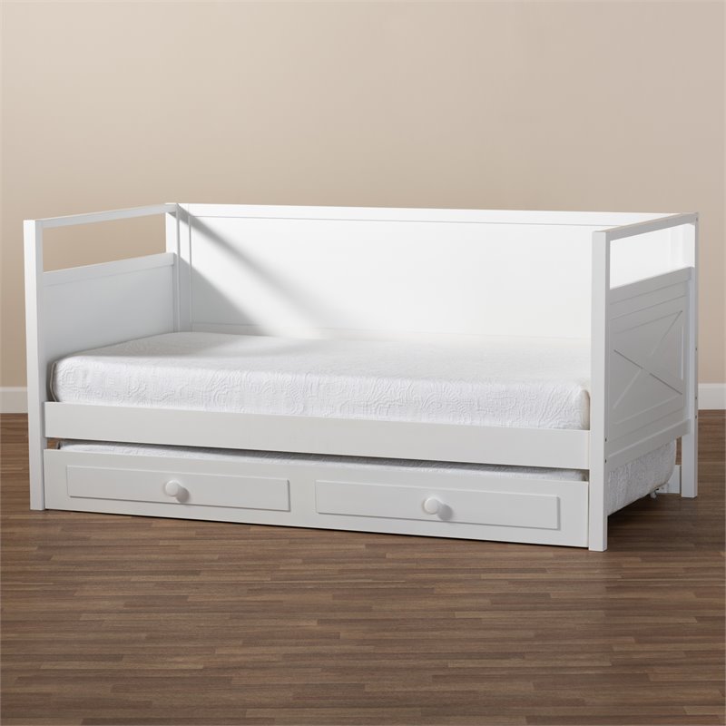 Allora Cottage Farmhouse White Wood Twin Size Daybed with Trundle
