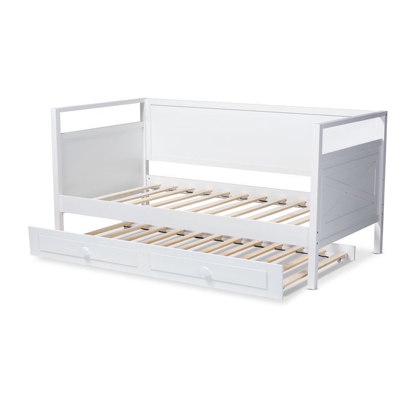 Allora Cottage Farmhouse White Wood Twin Size Daybed with Trundle