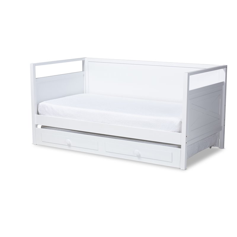 Allora Cottage Farmhouse White Wood Twin Size Daybed with Trundle