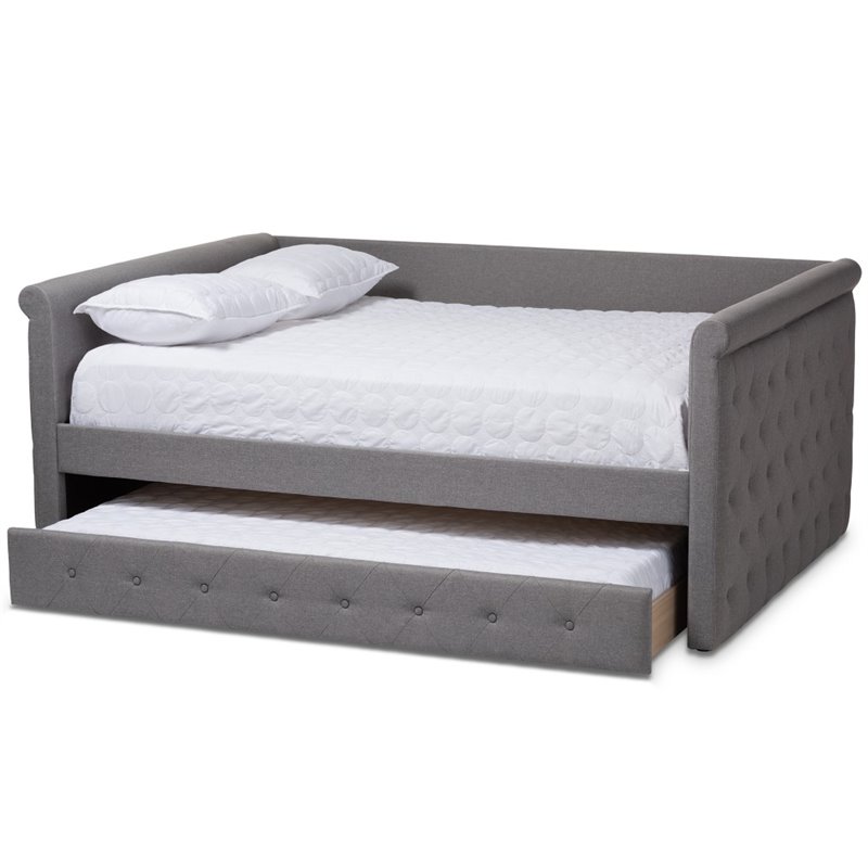 Allora Scrolled Arm Fabric Tufted Full Daybed with Trundle in Gray