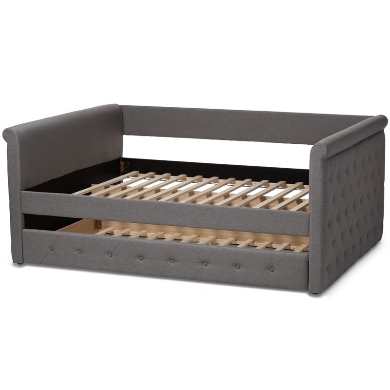 Allora Scrolled Arm Fabric Tufted Full Daybed with Trundle in Gray