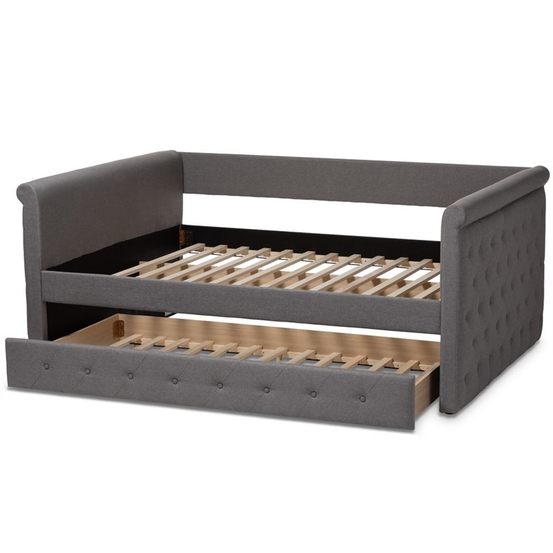 Allora Scrolled Arm Fabric Tufted Full Daybed with Trundle in Gray