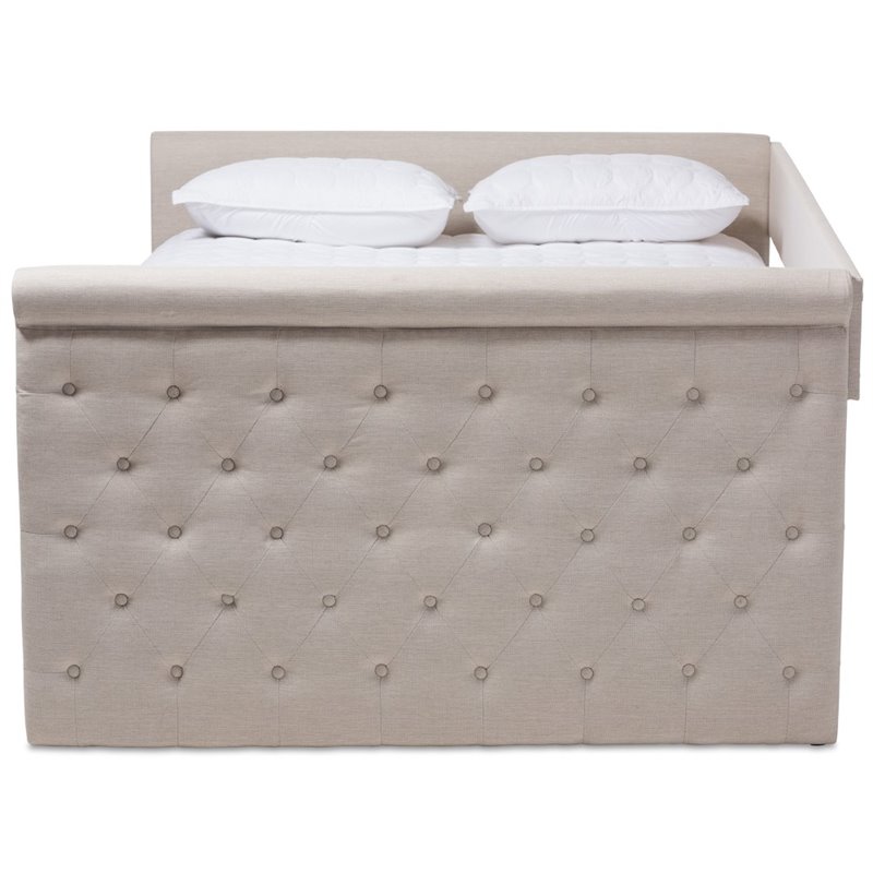 Allora Scrolled Arm Fabric Tufted Full Daybed with Trundle in Beige