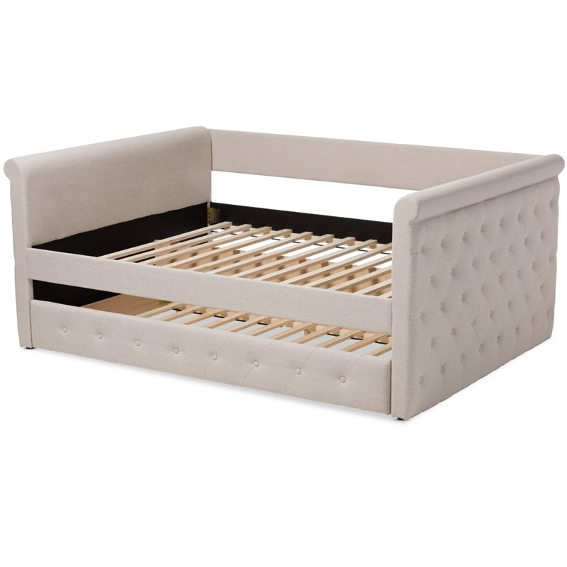 Allora Scrolled Arm Fabric Tufted Full Daybed with Trundle in Beige