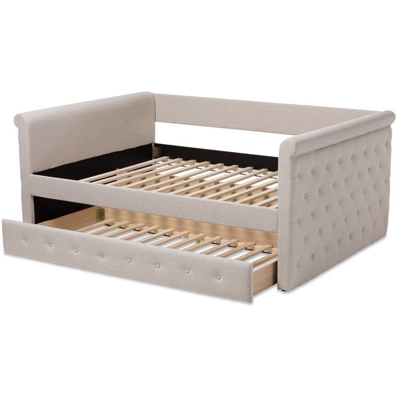 Allora Scrolled Arm Fabric Tufted Full Daybed with Trundle in Beige
