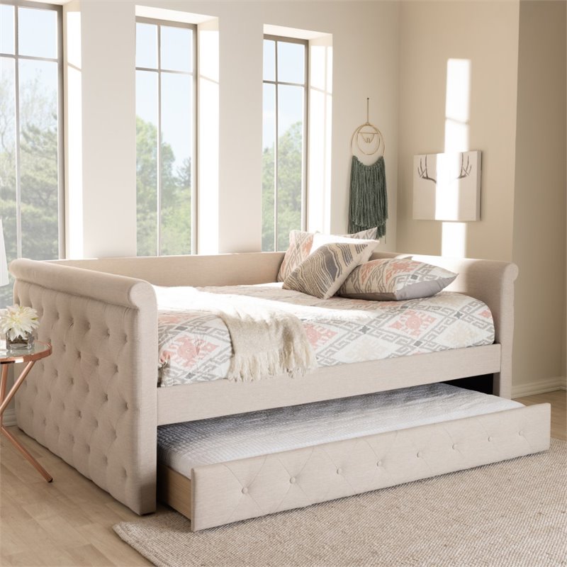 Allora Scrolled Arm Fabric Tufted Full Daybed with Trundle in Beige
