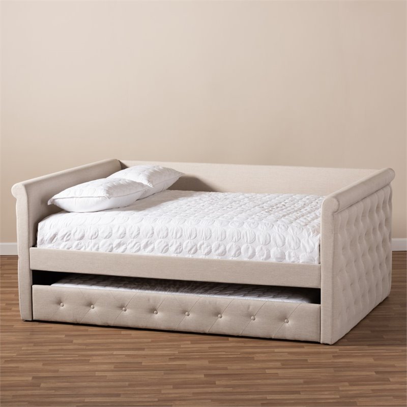 Allora Scrolled Arm Fabric Tufted Full Daybed with Trundle in Beige