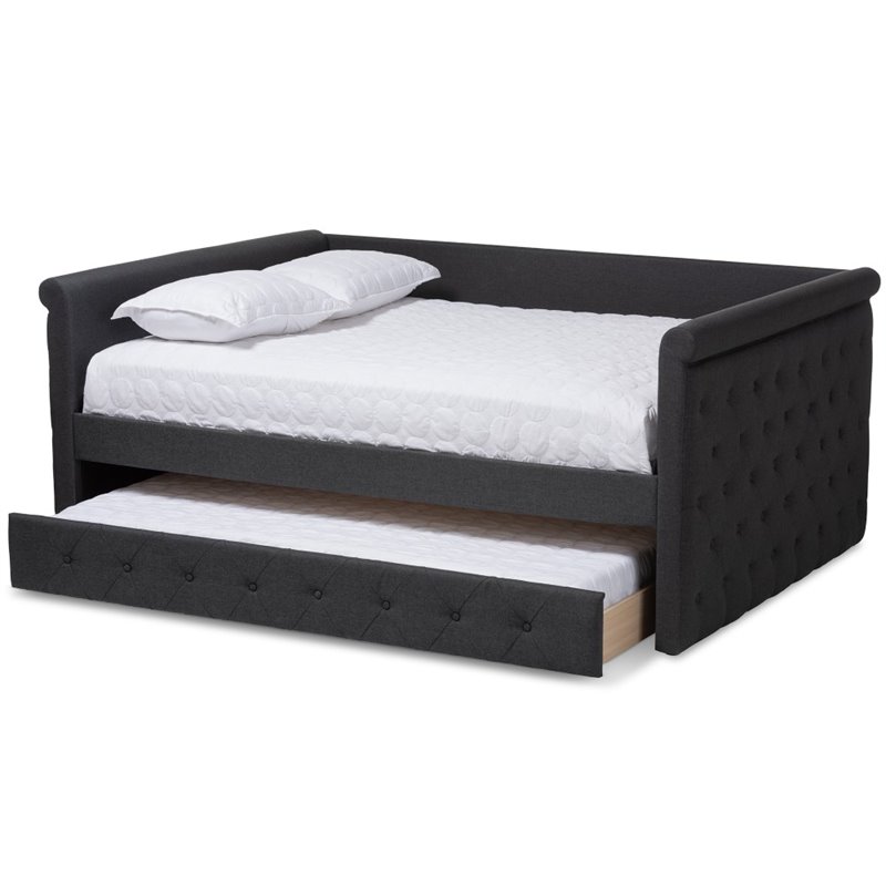 Allora Scrolled Arm Fabric Tufted Queen Daybed with Trundle in Gray