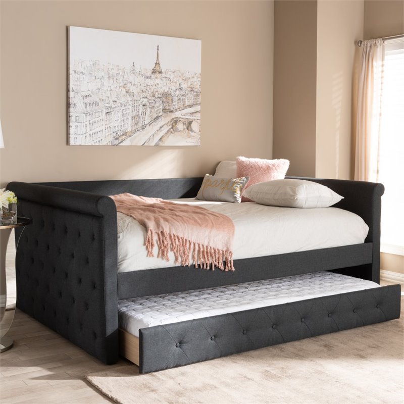 Allora Scrolled Arm Fabric Tufted Queen Daybed with Trundle in Gray