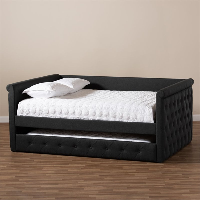 Allora Scrolled Arm Fabric Tufted Queen Daybed with Trundle in Gray
