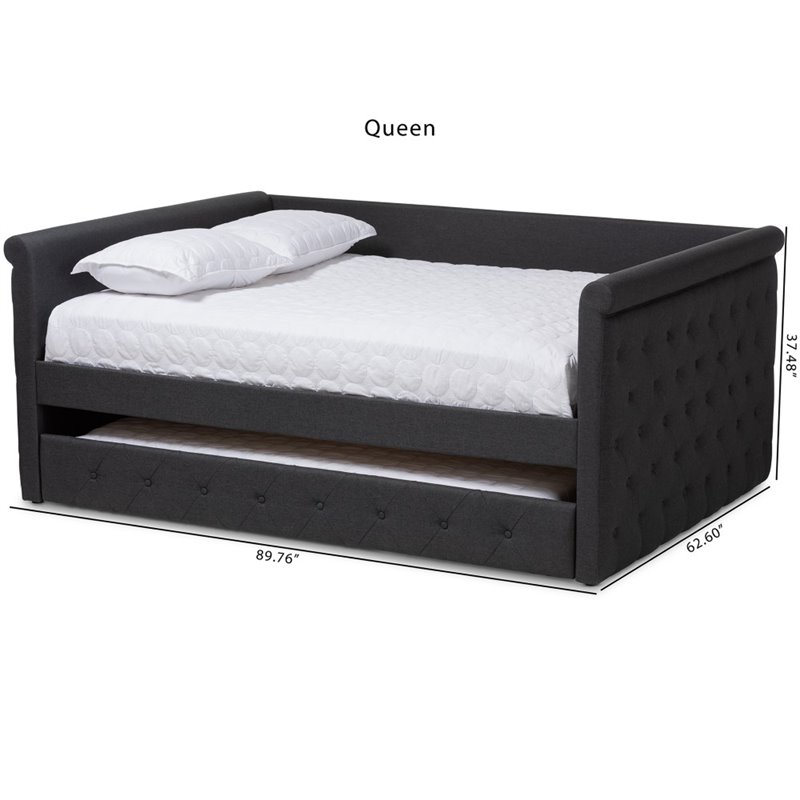 Allora Scrolled Arm Fabric Tufted Queen Daybed with Trundle in Gray
