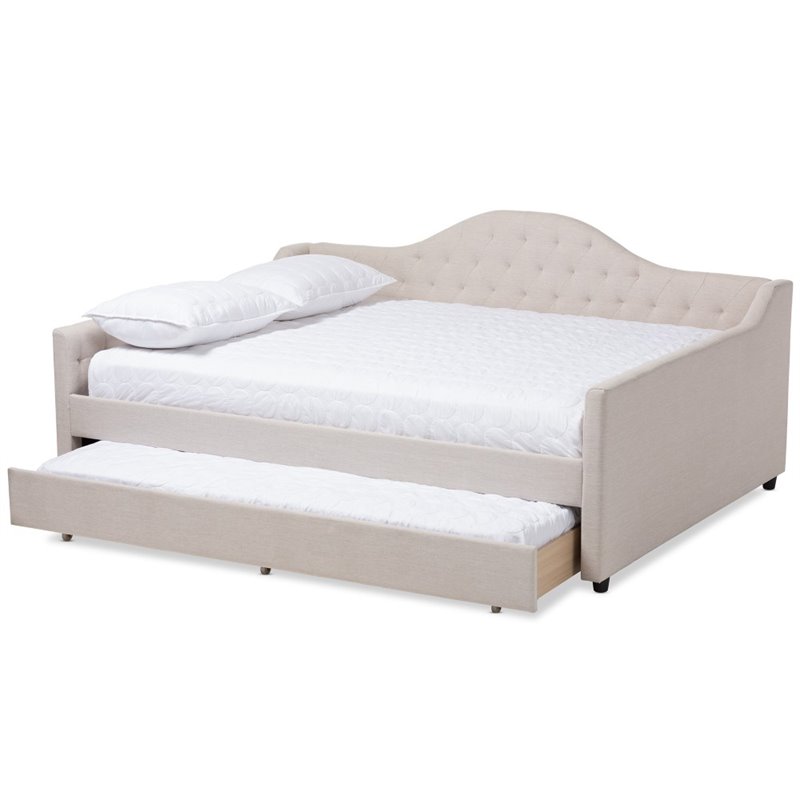 Allora Fabric Tufted Queen Daybed with Trundle in Light Beige
