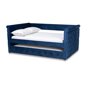 allora contemporary velvet and wood queen daybed with trundle in navy blue