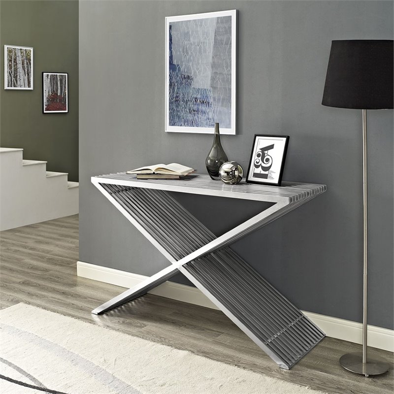 Allora Modern Press Metal Console Table in Silver