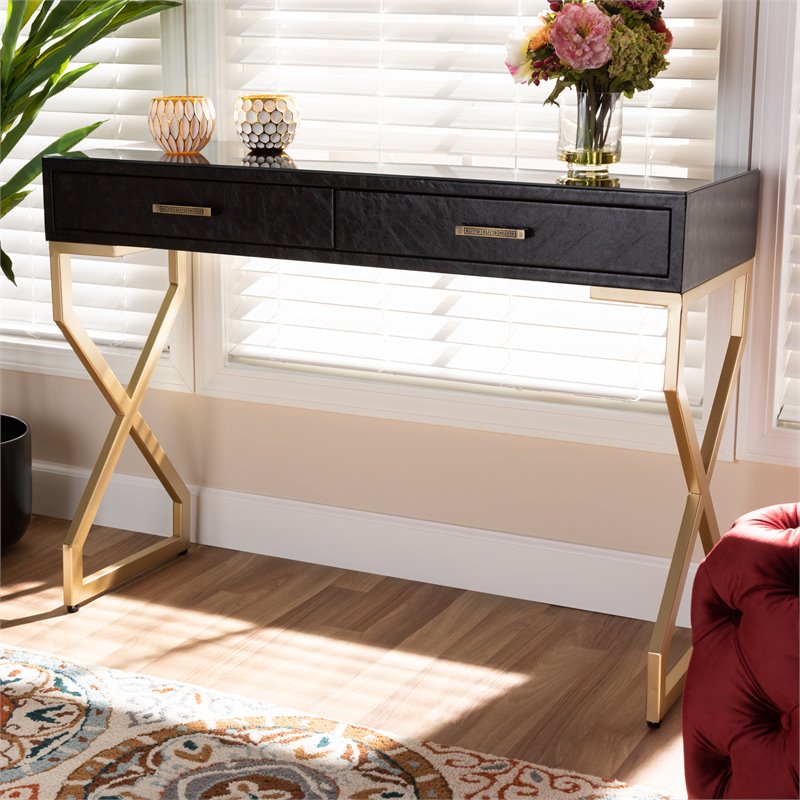 Allora Modern 2-Drawer Wood Console Table in Dark Brown and Gold