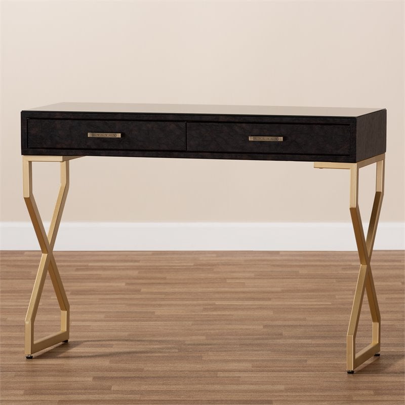 Allora Modern 2-Drawer Wood Console Table in Dark Brown and Gold