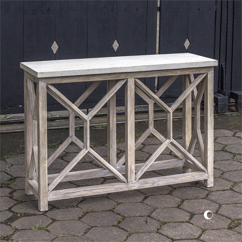 Allora Mid-Century Stone Top Accent Console Table in Ivory and Oatmeal