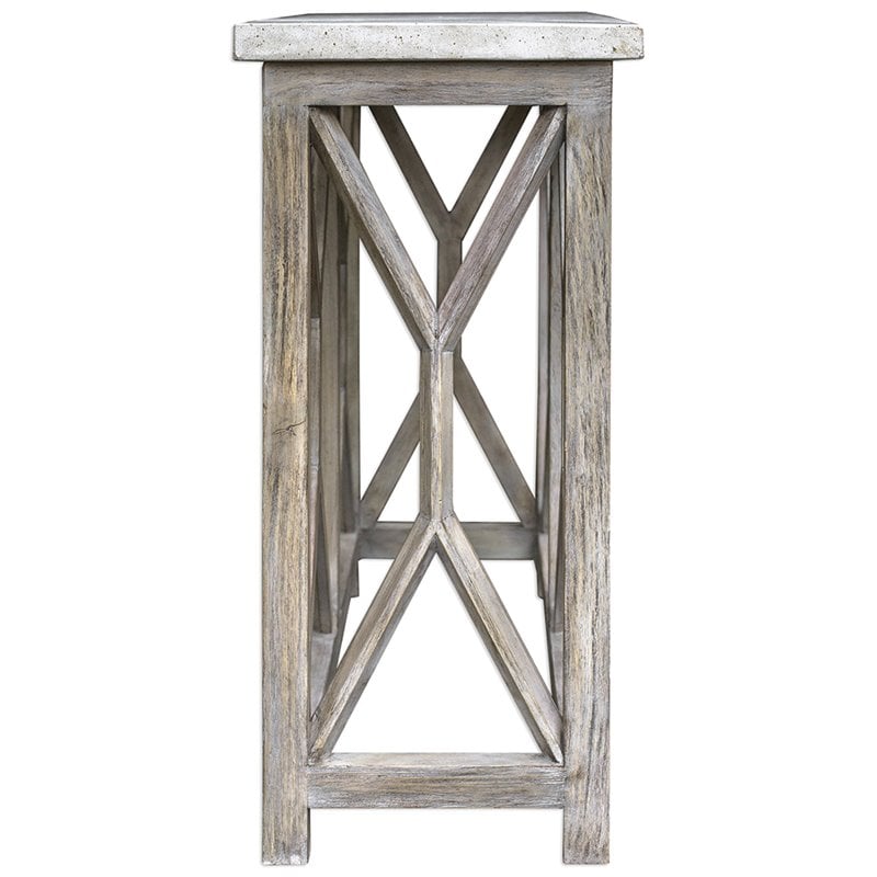 Allora Mid-Century Stone Top Accent Console Table in Ivory and Oatmeal